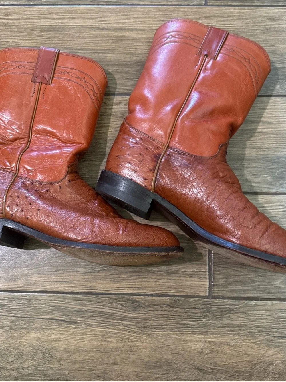 Justin 3068 Exotic Roper Boot Cognac Smooth Ostrich Preloved Boots Size 11D